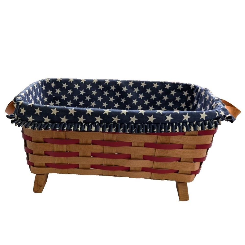 Peterboro Basket Co Wood Gathering Basket w/ Patriotic Liner & Leather Handles
